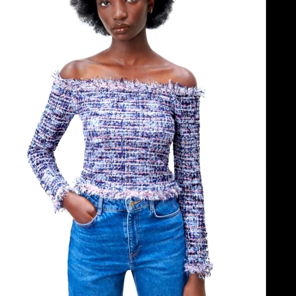 Zara textured pink metallic fibers stretching tweed frayed hem long sleeves top - Picture 5 of 15